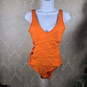 Carmen Mark Valvo Size 12 One Piece Swimsuit Orange Cutout Knotted Side